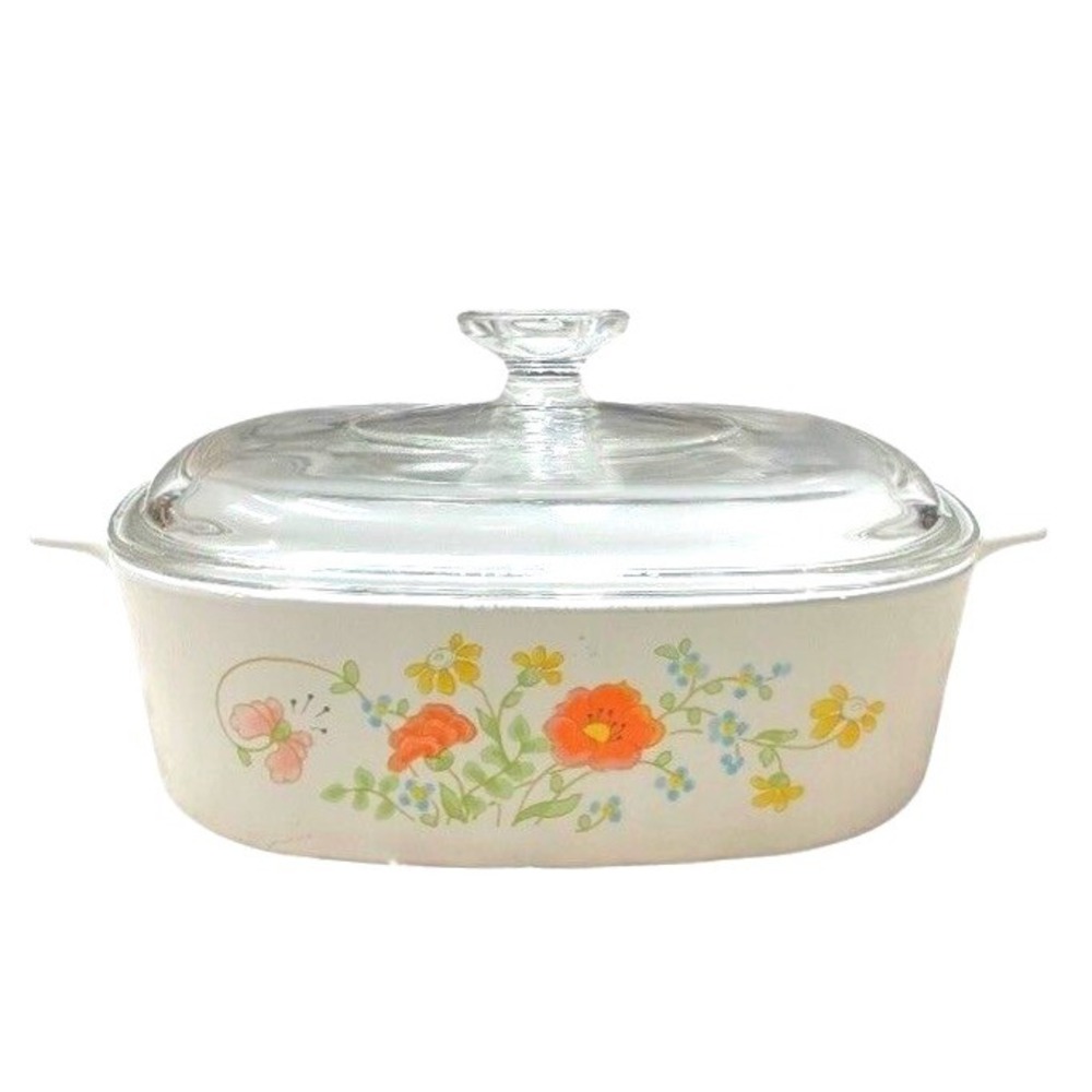 Corning Vintage Wild Flowers Casserole Dish wit Glass Pyrex Lid 10.5"x 9" USA